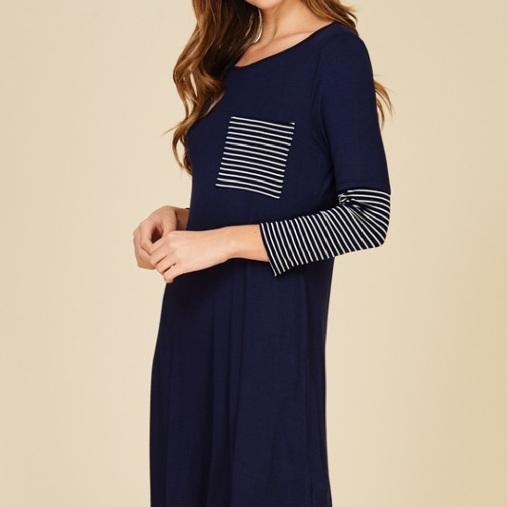 ALL  SIZES!!!  3/4 Sleeve Contrast Stripe Dress - Picture 4 of 5